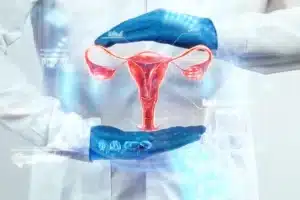 doctor looks hologram female uterus checks test result ovarian disease ectopic pregnancy painful per